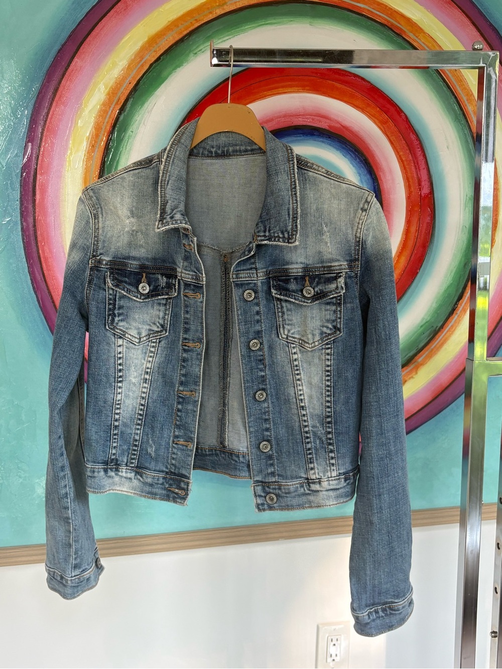 Sequin Angel Wing Embellished Denim Jacket Women’s M Distressed Trucker - Picture 5 of 7